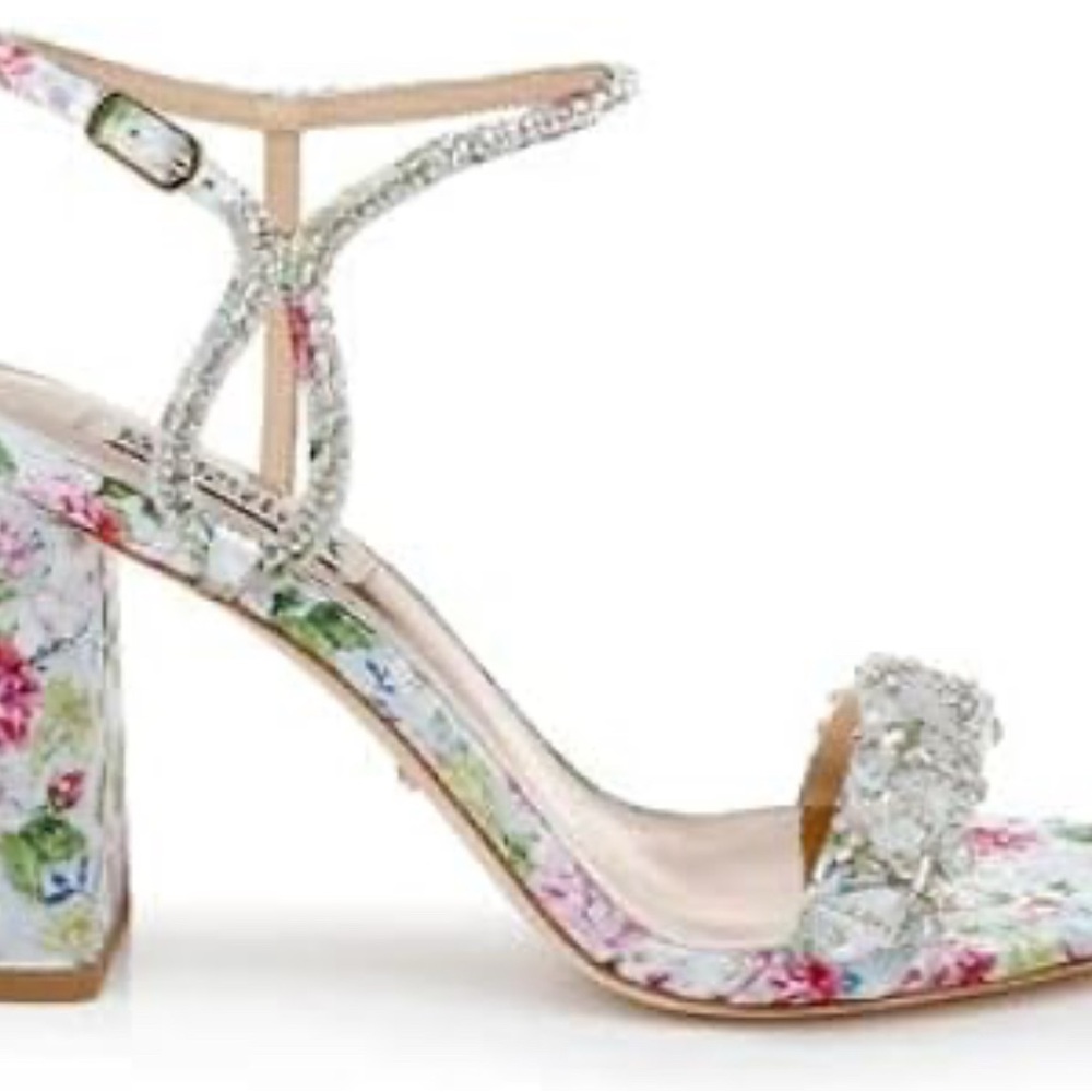 Badgley Mischka Floral Embellished Block Heel Sandals in White and Pastel Multi - Picture 8 of 8